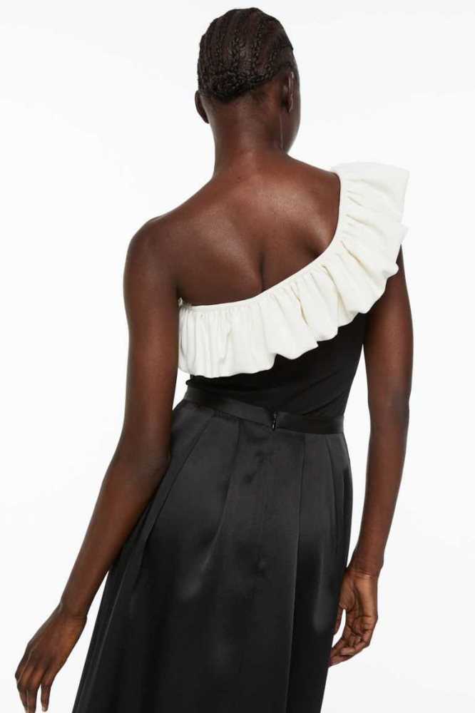 Tops H&M Flounced One-shoulder Mujer Negros Blancos | 035967DMN