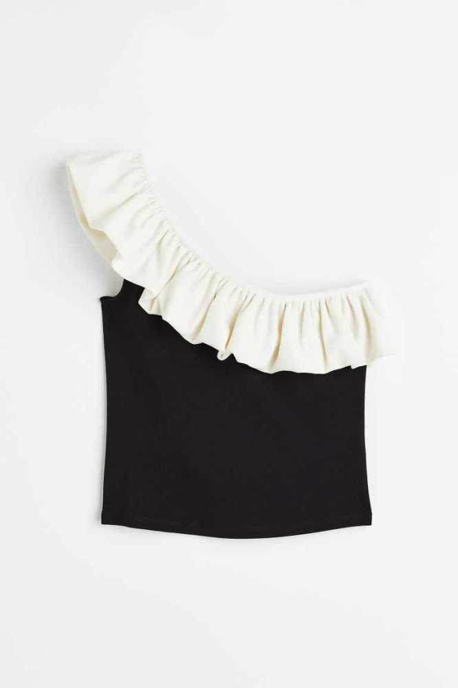 Tops H&M Flounced One-shoulder Mujer Negros Blancos | 035967DMN