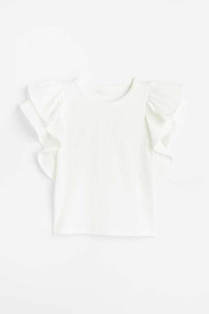 Tops H&M Flutter-sleeved Acanalado Mujer Blancos | 547018WUK