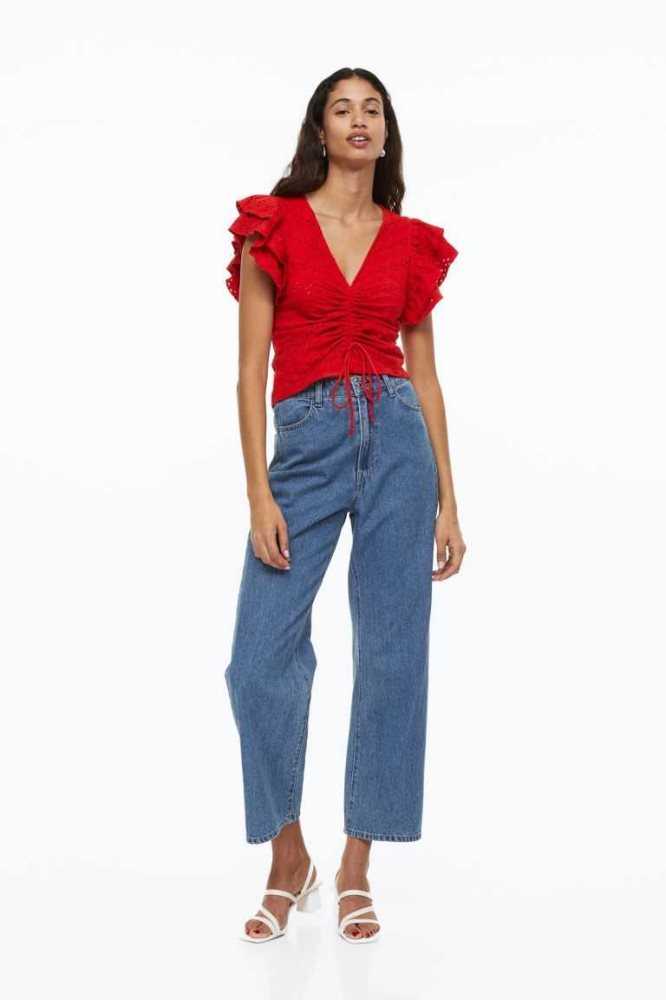 Tops H&M Flutter-sleeved Eyelet Embroidered Mujer Rojos | 029614JAV