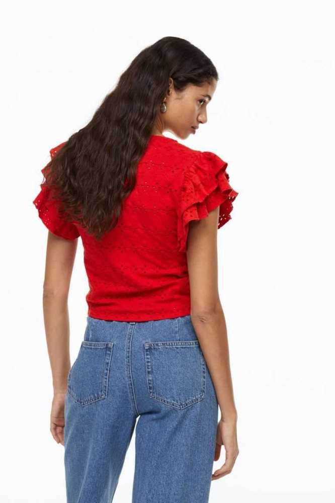 Tops H&M Flutter-sleeved Eyelet Embroidered Mujer Rojos | 029614JAV