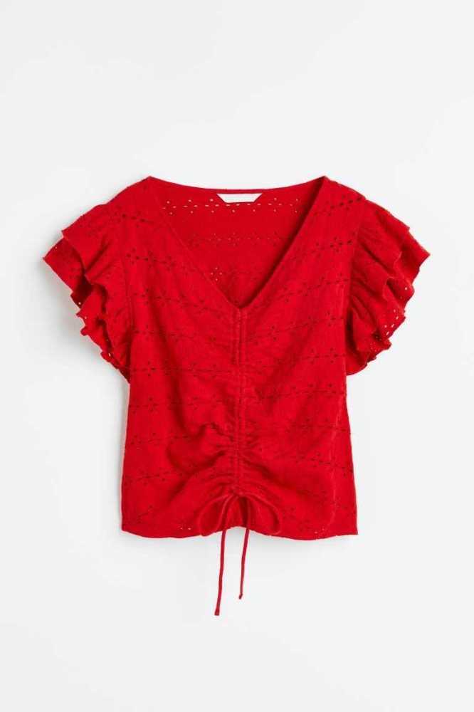 Tops H&M Flutter-sleeved Eyelet Embroidered Mujer Rojos | 029614JAV