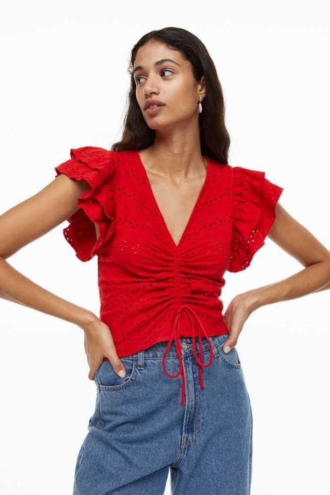 Tops H&M Flutter-sleeved Eyelet Embroidered Mujer Rojos | 029614JAV