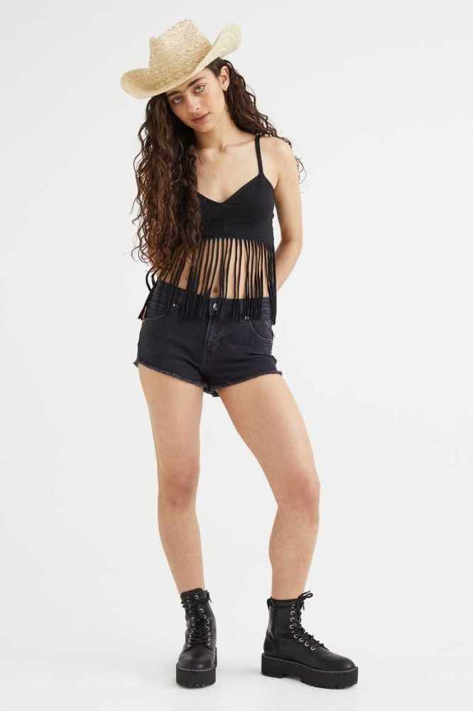 Tops H&M Fringe-trimmed Mujer Negros | 067538SUK