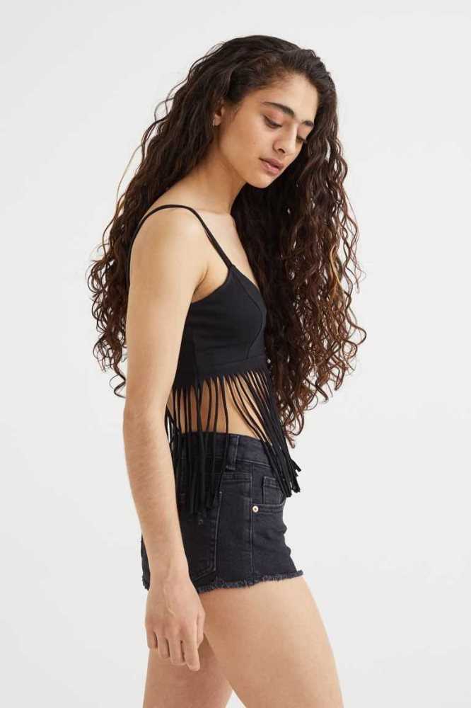 Tops H&M Fringe-trimmed Mujer Negros | 067538SUK