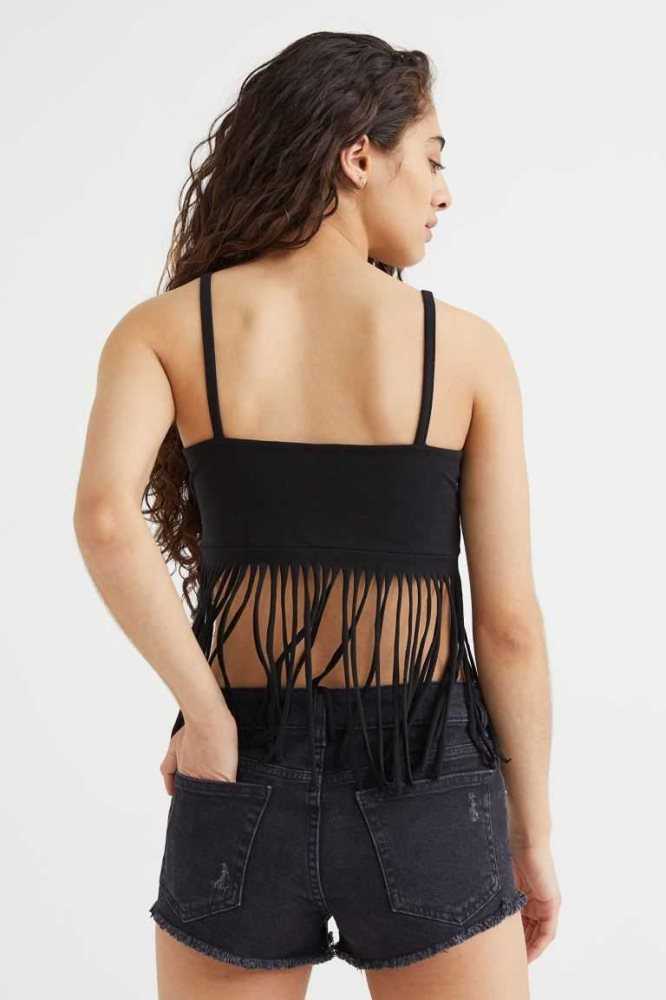 Tops H&M Fringe-trimmed Mujer Negros | 067538SUK