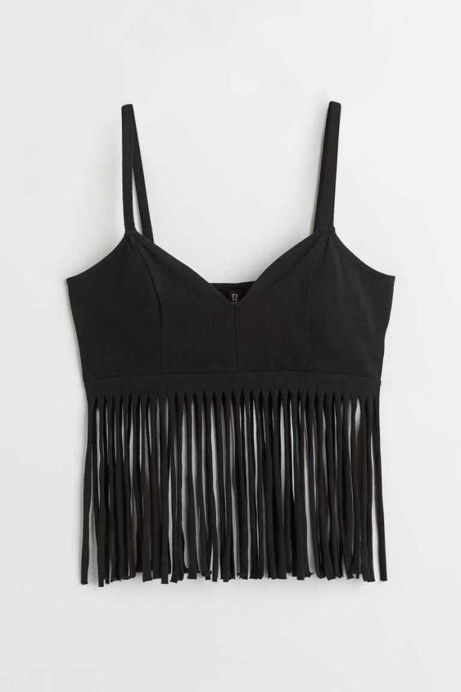 Tops H&M Fringe-trimmed Mujer Negros | 067538SUK