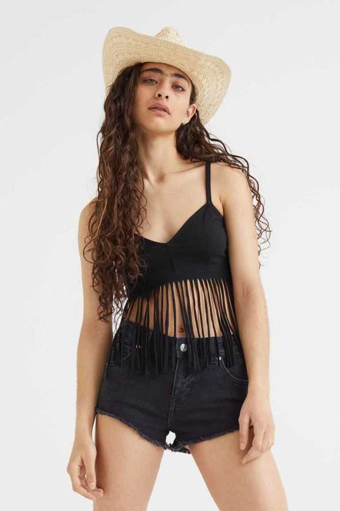 Tops H&M Fringe-trimmed Mujer Negros | 067538SUK