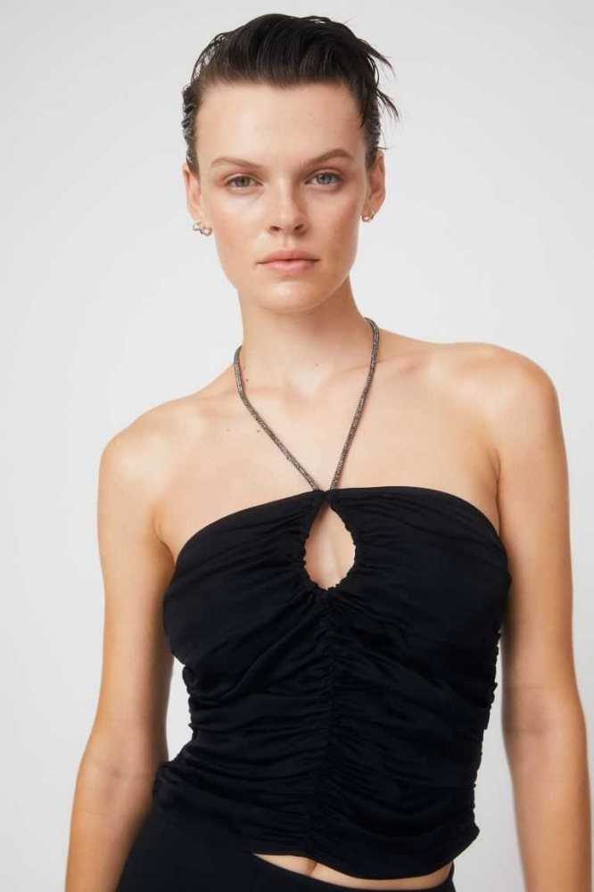 Tops H&M Gathered Satin Halterneck Mujer Negros | 037128IKE