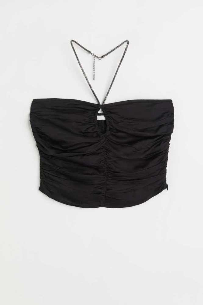 Tops H&M Gathered Satin Halterneck Mujer Negros | 037128IKE