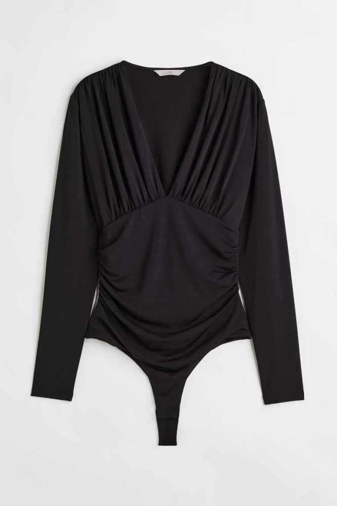 Tops H&M Gathered Tanga Bodysuit Mujer Negros | 732806RZO