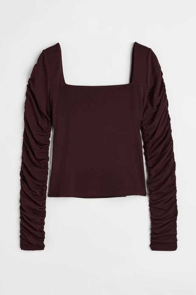 Tops H&M Gathered-sleeve Jersey Mujer Negros | 719286DHT