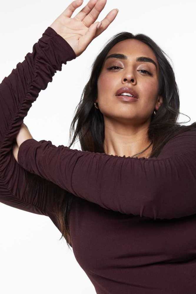 Tops H&M Gathered-sleeve Jersey Mujer Vino | 015897YIH