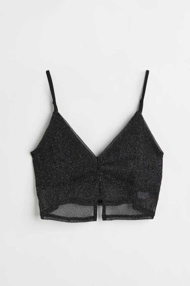 Tops H&M Glittery Mesh Crop Mujer Negros | 607234VTL