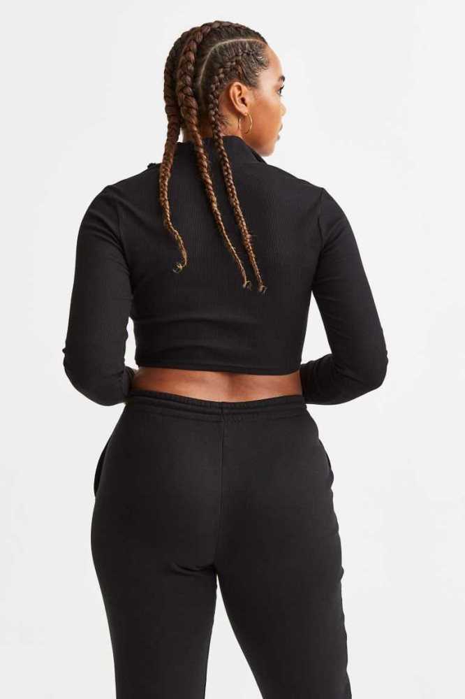 Tops H&M Half-zip Crop Mujer Grises Oscuro | 016873TRQ