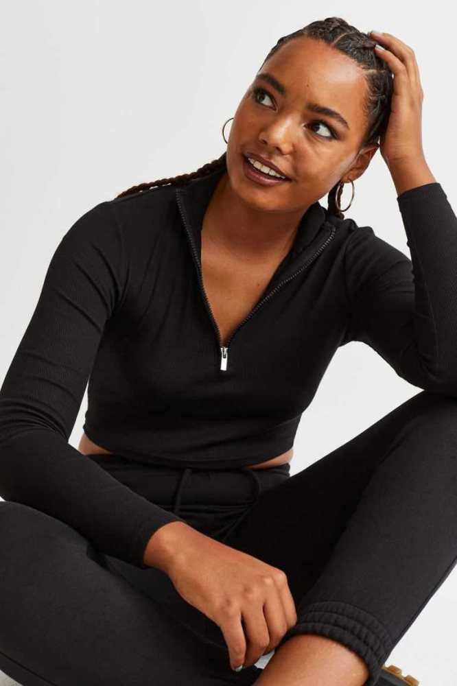 Tops H&M Half-zip Crop Mujer Grises Oscuro | 016873TRQ