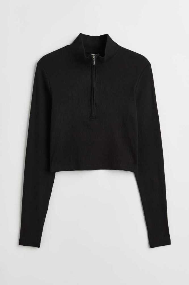 Tops H&M Half-zip Crop Mujer Grises Oscuro | 016873TRQ