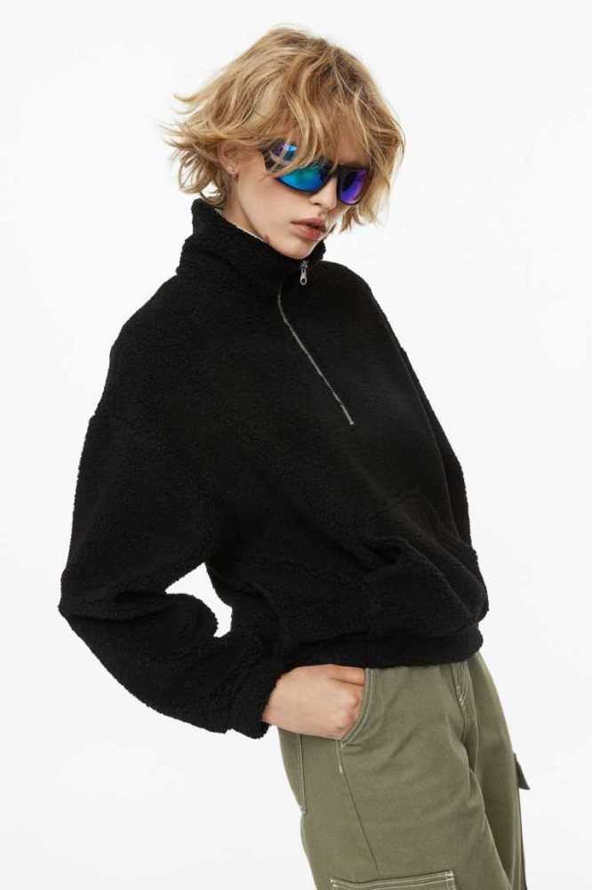 Tops H&M Half-zip Teddy Sweatshirt Mujer Negros | 518429LDP