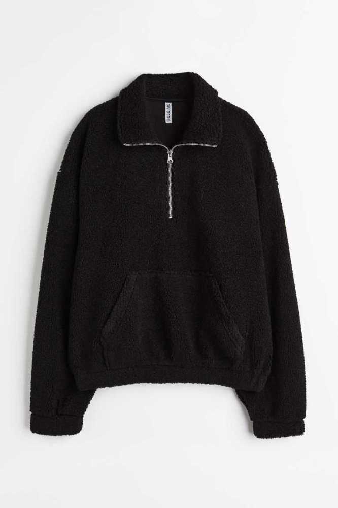 Tops H&M Half-zip Teddy Sweatshirt Mujer Negros | 518429LDP