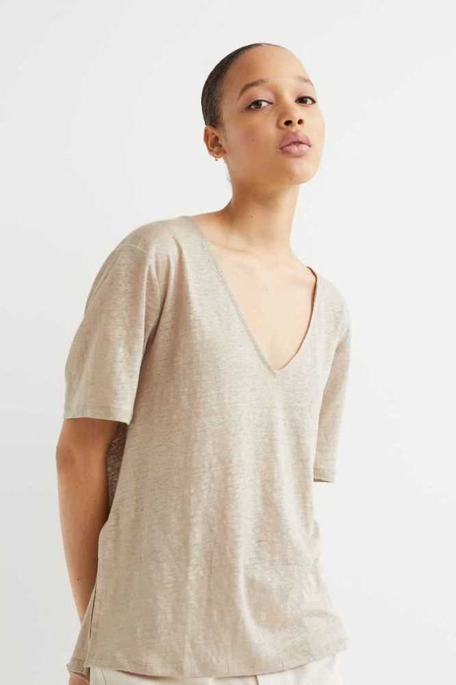 Tops H&M Linen Jersey T-shirt Mujer Blancos | 365087QGK