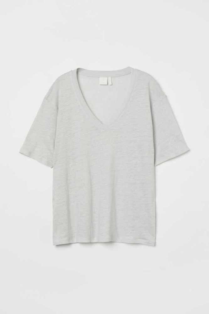 Tops H&M Linen Jersey T-shirt Mujer Verdes Claro | 680725NHI