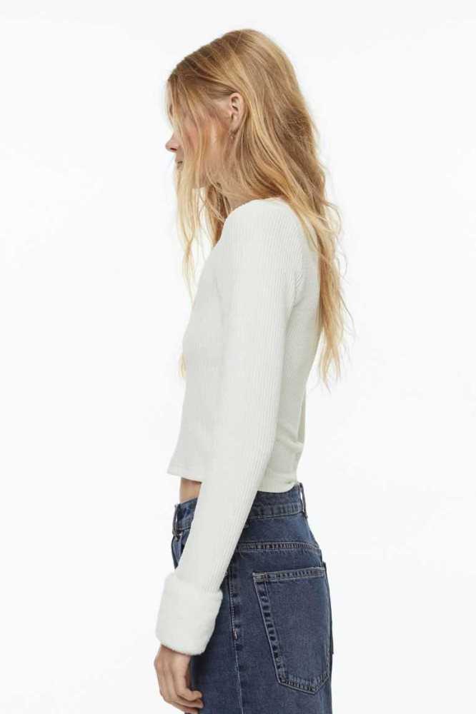 Tops H&M Long-sleeved Acanalado Mujer Creme | 897156WDN