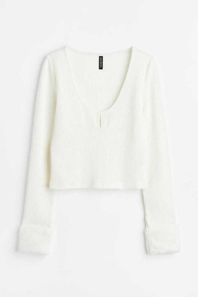 Tops H&M Long-sleeved Acanalado Mujer Creme | 897156WDN