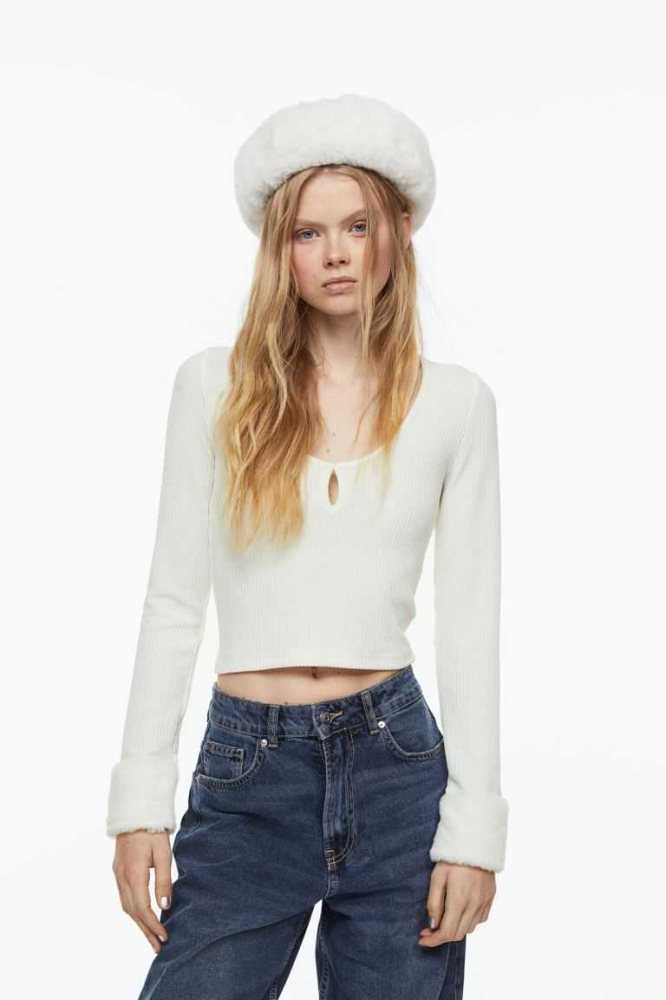 Tops H&M Long-sleeved Acanalado Mujer Creme | 897156WDN