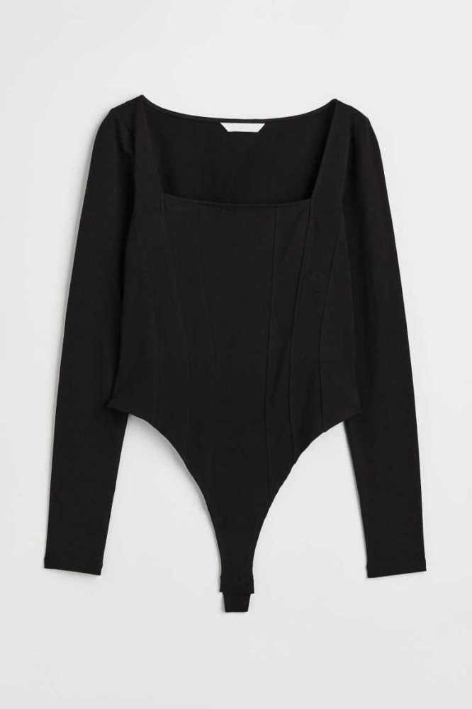 Tops H&M Long-sleeved Bodysuit Mujer Negros | 581469YAX