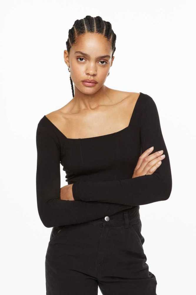 Tops H&M Long-sleeved Bodysuit Mujer Negros | 581469YAX