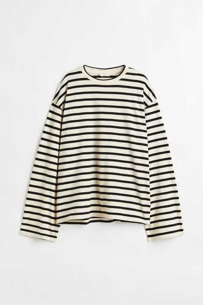 Tops H&M Long-sleeved Jersey Mujer Creme Negros | 652438GMK