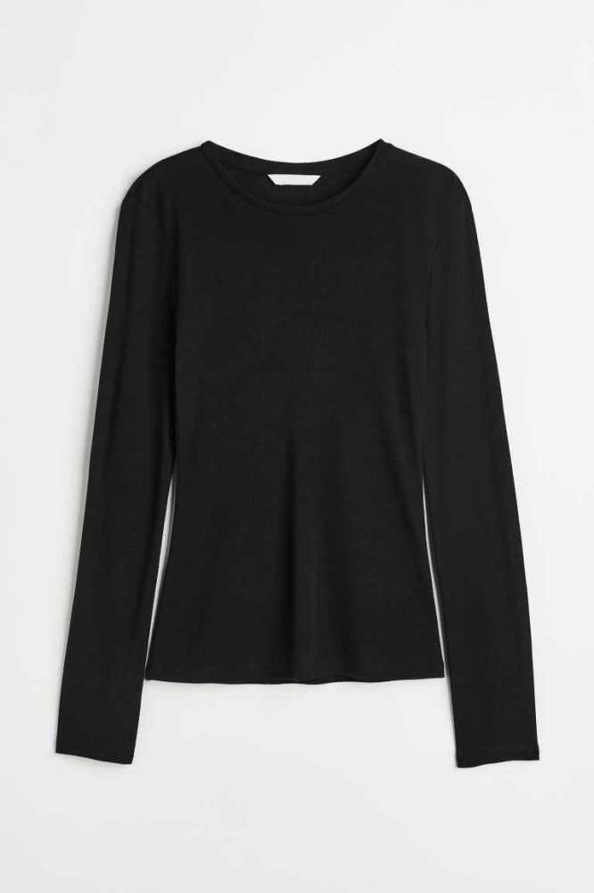 Tops H&M Long-sleeved Jersey Mujer Negros | 084651MSG