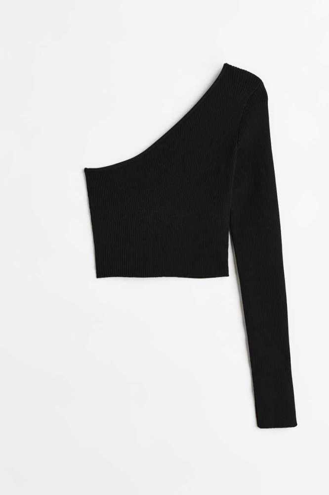 Tops H&M One-shoulder Rib-knit Mujer Negros | 837109YIE