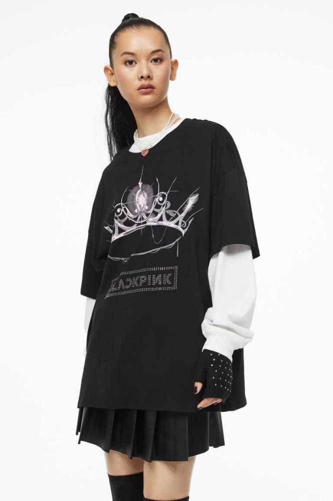 Tops H&M Oversized Rhinestone-motif T-shirt Mujer Negros | 519874BFY