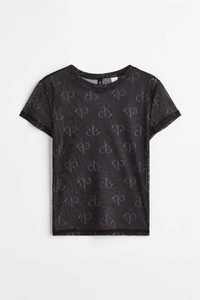 Tops H&M Patterned Mesh Mujer Negros | 975814QVB