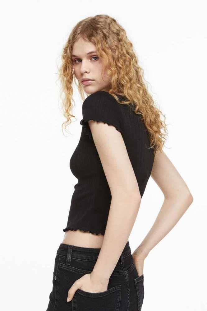 Tops H&M Pointelle Jersey Mujer Negros | 236180PZE