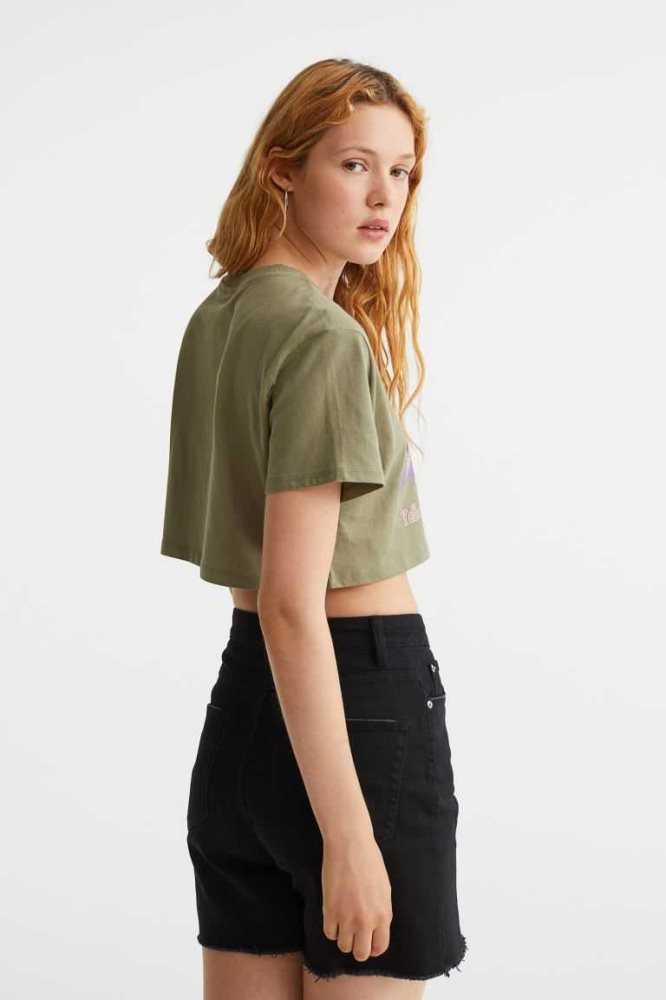 Tops H&M Printed Crop Mujer Amarillos Claro | 702594MVZ