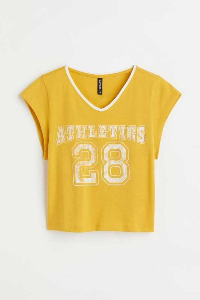 Tops H&M Printed Crop Mujer Marrom | 935680AER