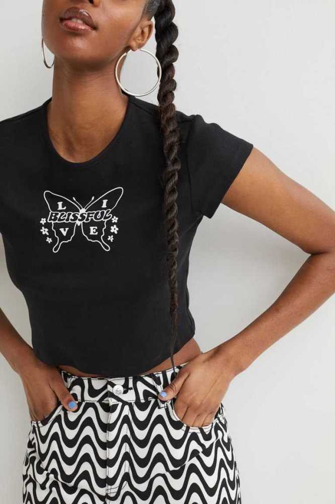 Tops H&M Printed Crop Mujer Negros | 013967QZS