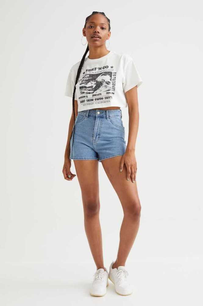 Tops H&M Printed Crop T-shirt Mujer Negros | 041958FRC