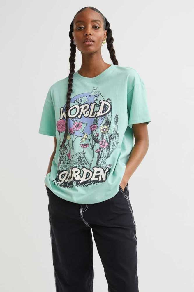 Tops H&M Printed T-shirt Mujer Verdes Claro | 760135QHU