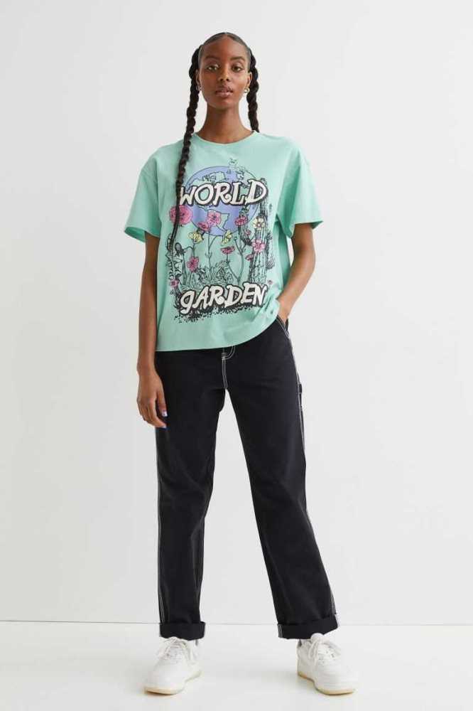 Tops H&M Printed T-shirt Mujer Verdes Claro | 760135QHU