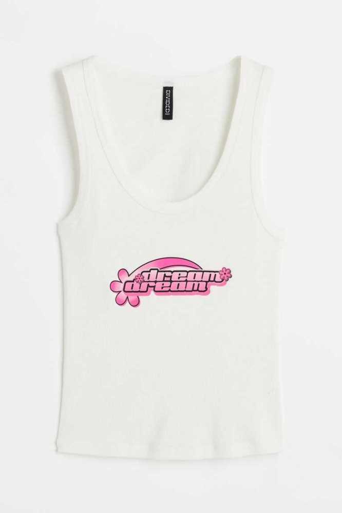 Tops H&M Printed Tank Mujer Blancos | 530186BIZ