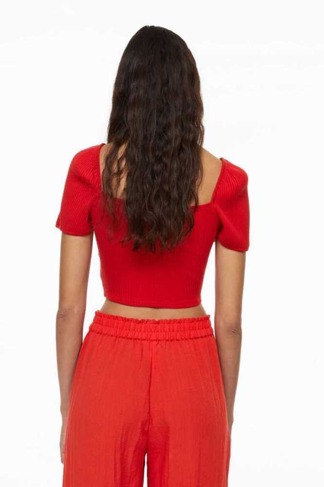 Tops H&M Puff-sleeved Acanalado Mujer Albaricoque Claro | 619230ZXN