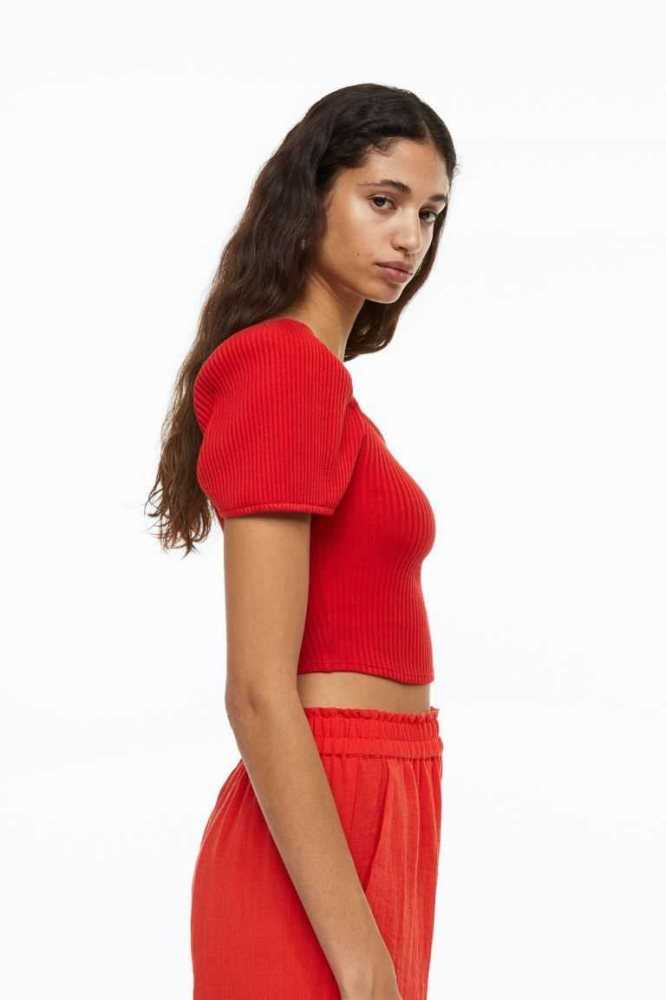 Tops H&M Puff-sleeved Acanalado Mujer Rojos | 359126WVK