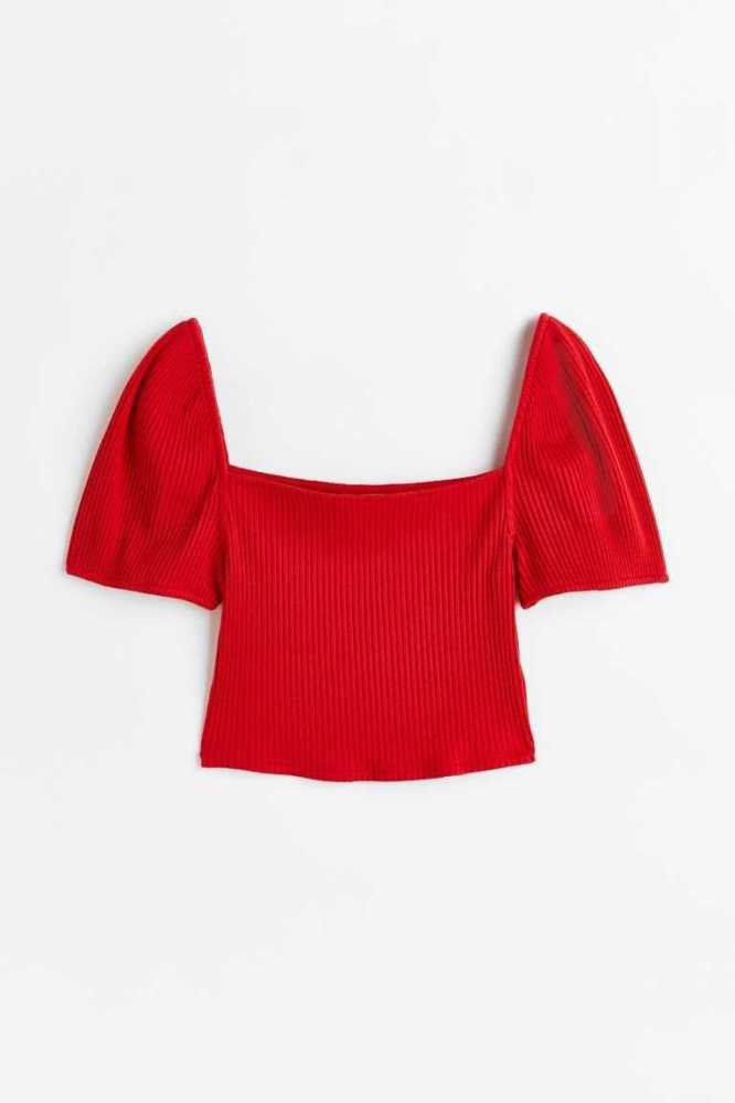 Tops H&M Puff-sleeved Acanalado Mujer Rojos | 359126WVK