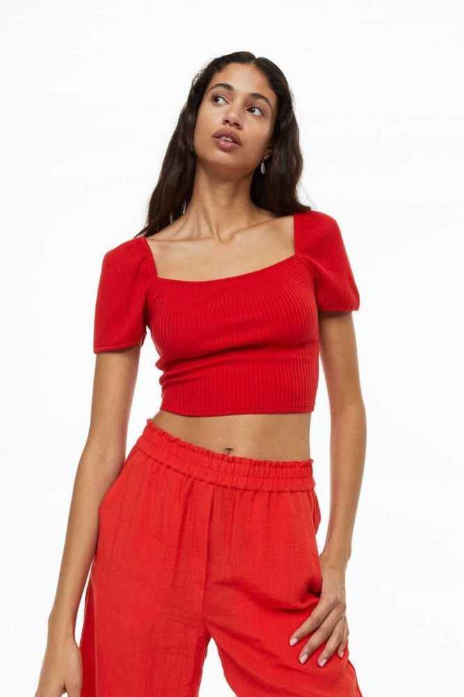 Tops H&M Puff-sleeved Acanalado Mujer Rojos | 359126WVK