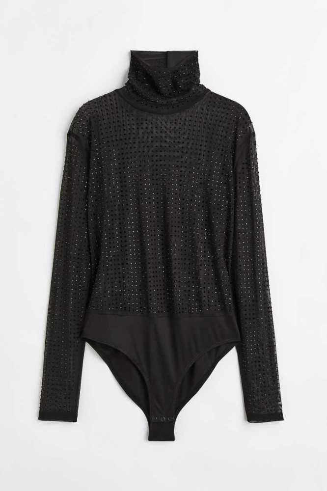 Tops H&M Rhinestone-embellished Mesh Bodysuit Mujer Negros | 109384LZX