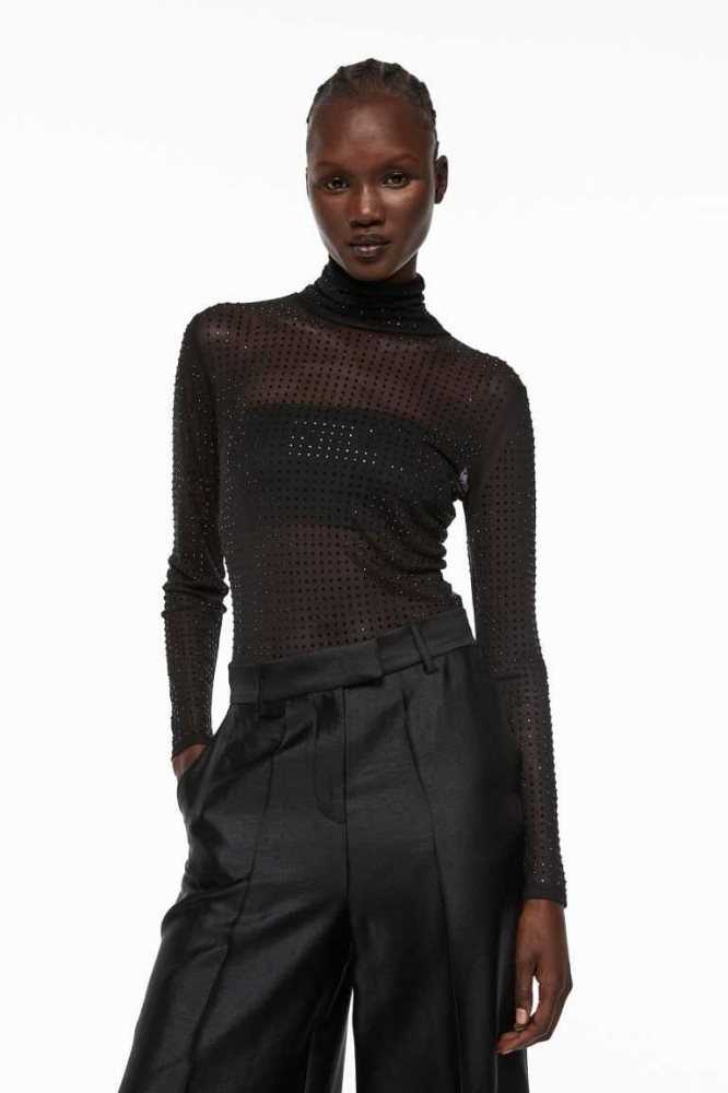 Tops H&M Rhinestone-embellished Mesh Bodysuit Mujer Negros | 109384LZX