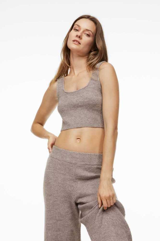 Tops H&M Rib-knit Crop Mujer Beige Oscuro | 402683TBK